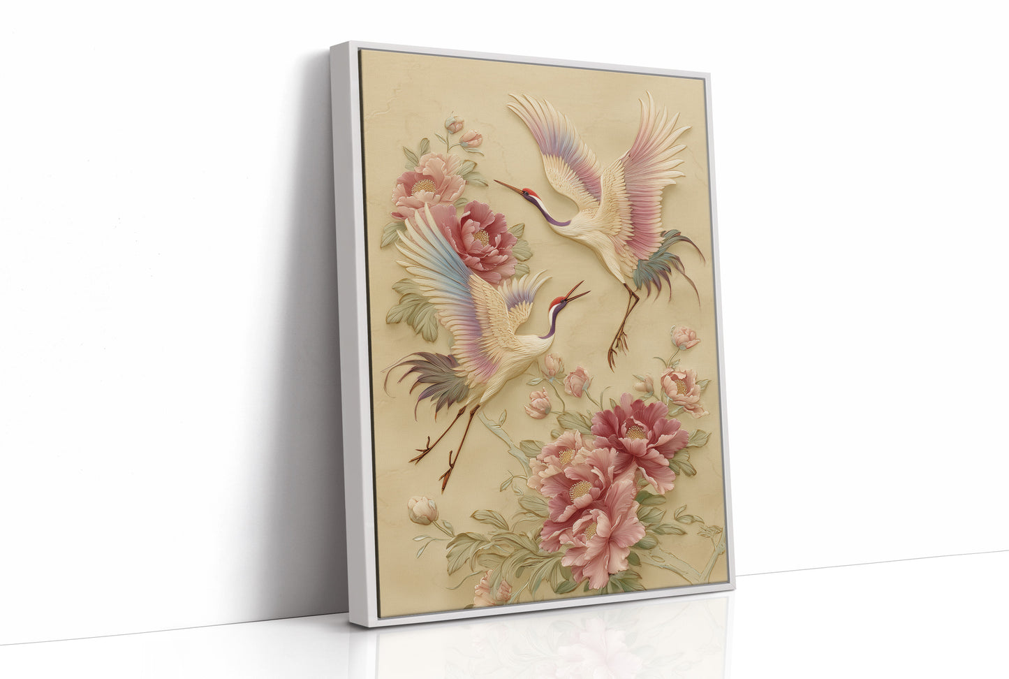 Graceful Cranes Among Peony Blooms