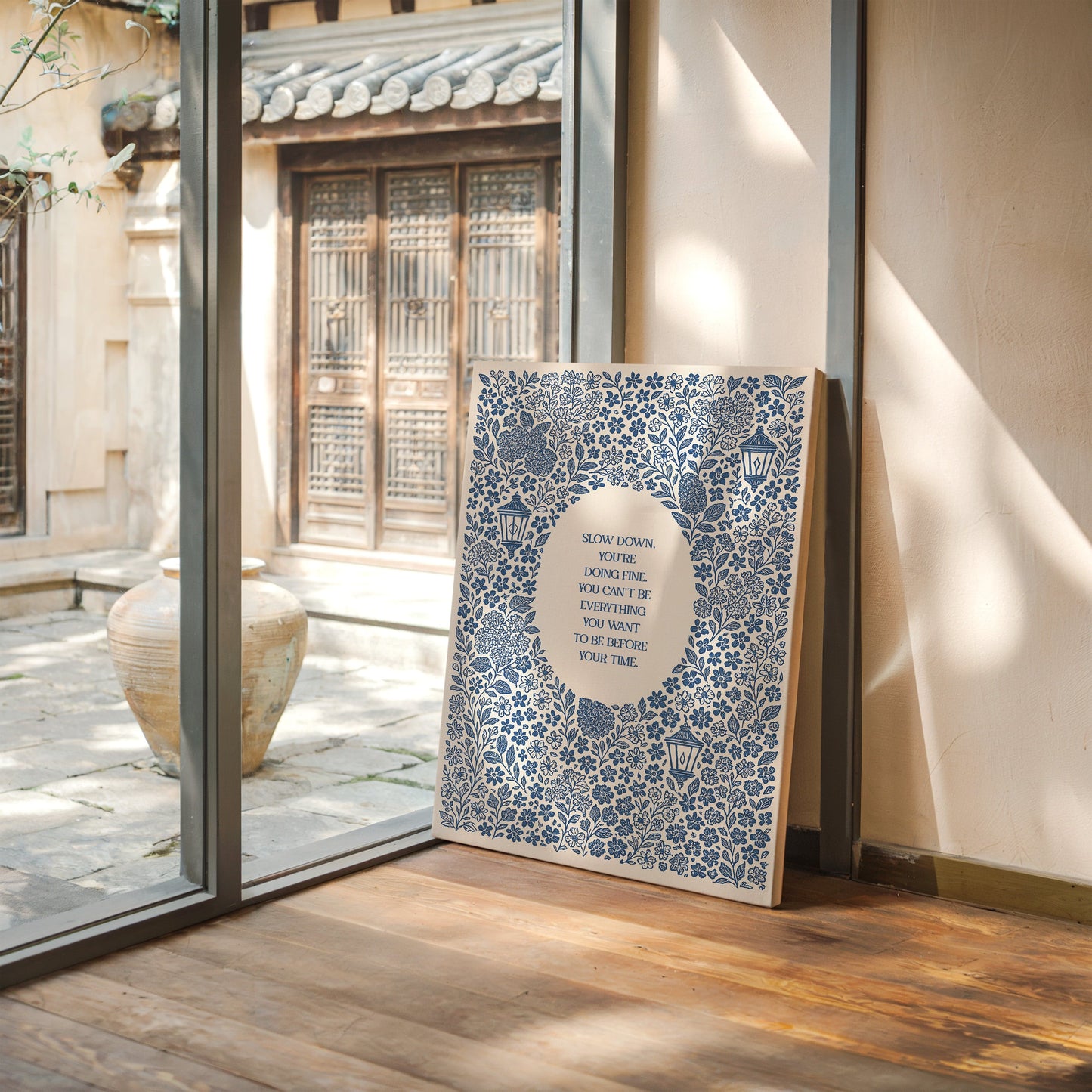 Blue Floral Lantern Quote Print – Slow Down, You’re Doing Fine