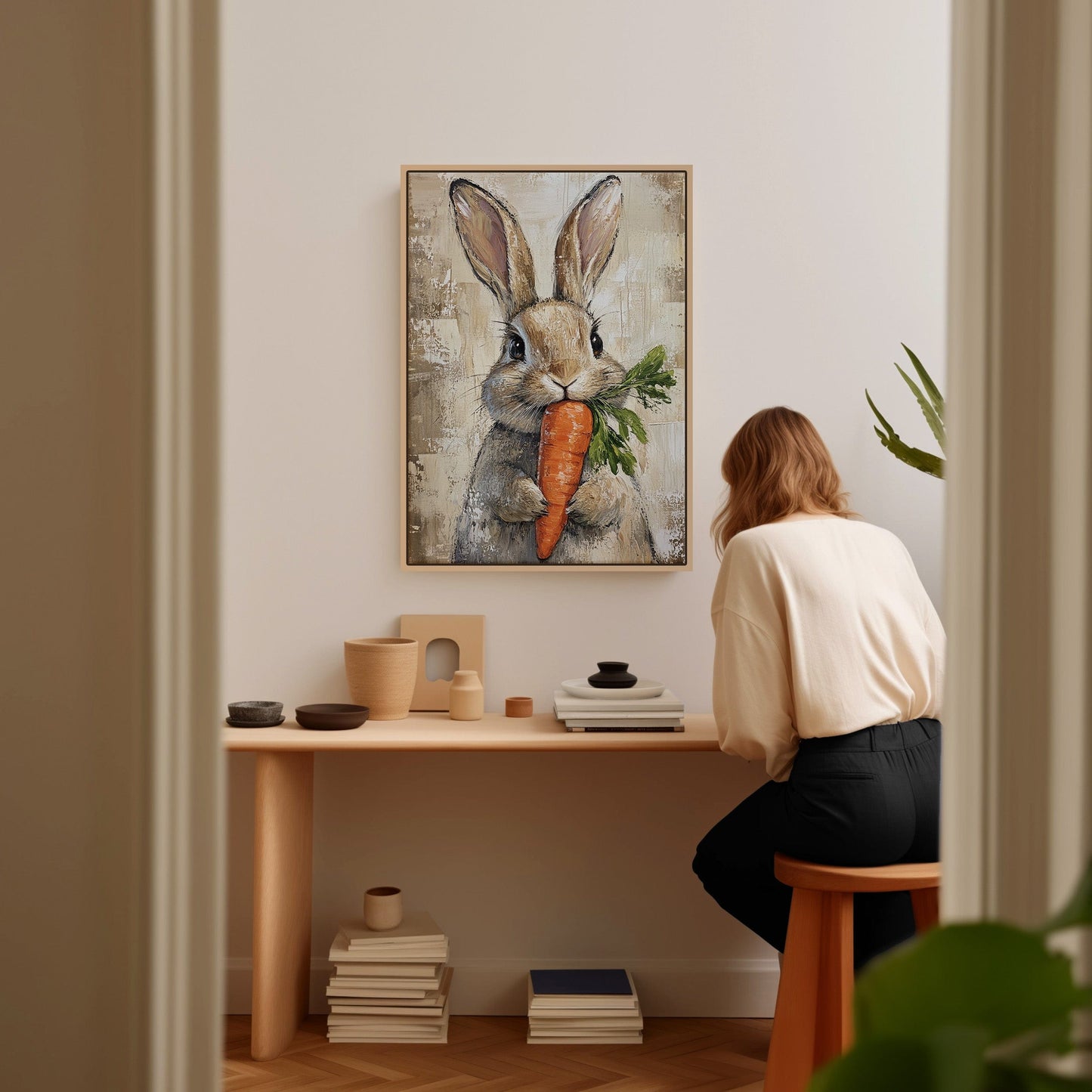 Adorable Bunny with Carrot – Rustic Farmhouse Animal Wall Art Print