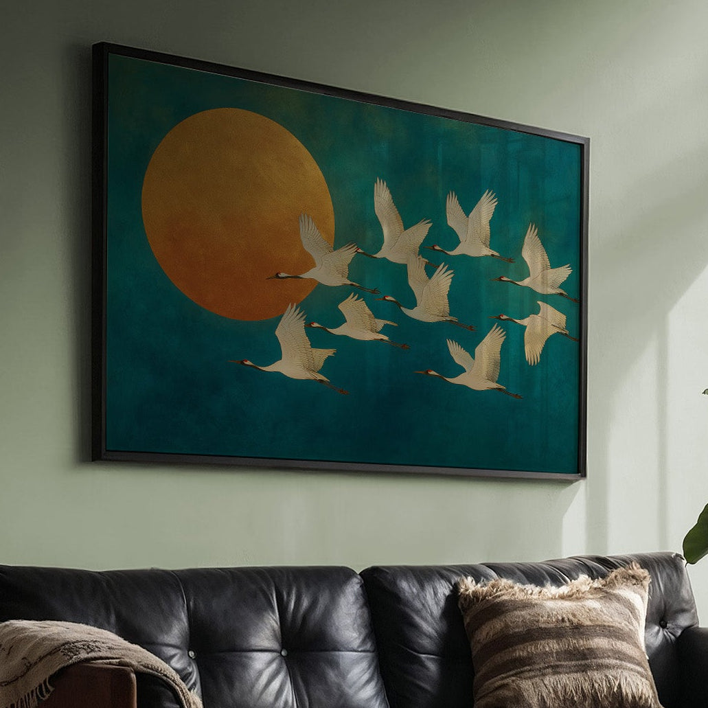 Cranes Dance Against Golden Moon