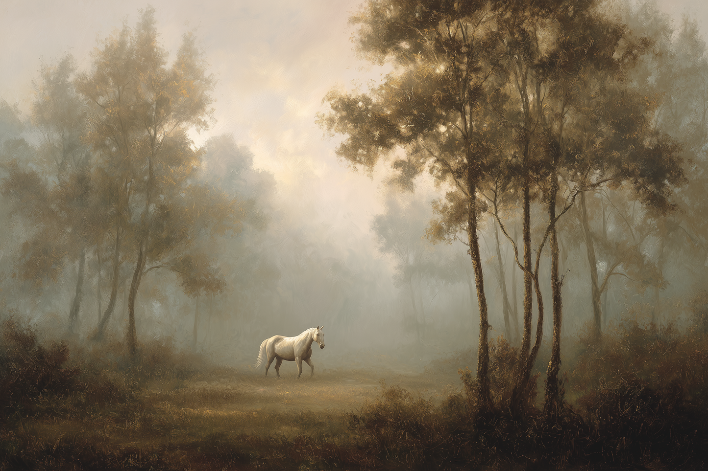 Lone Horse Among Misty Trees