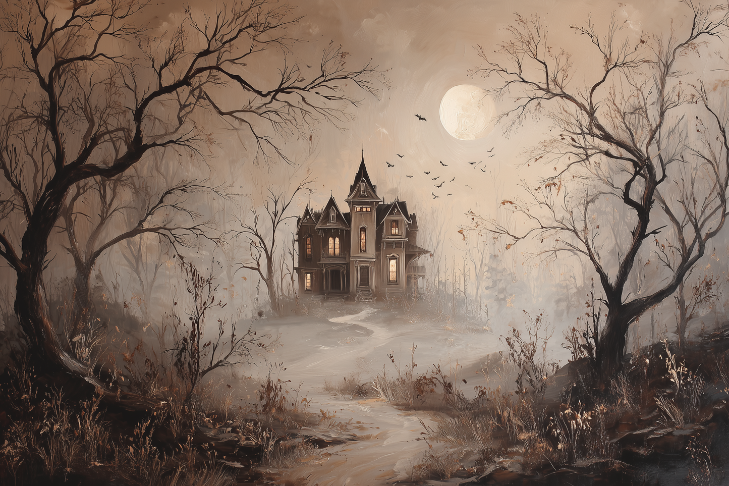 Fogbound Manor Under Moonlight