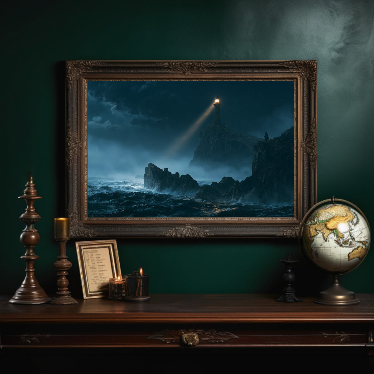 A Beam Across the Breakers, a thin beam of golden light sweeping across a stormy sea onto a jagged shelf of dark rock, waves breaking white below, in an ornate dark frame on a deep green wall above a mantel with a globe and candles