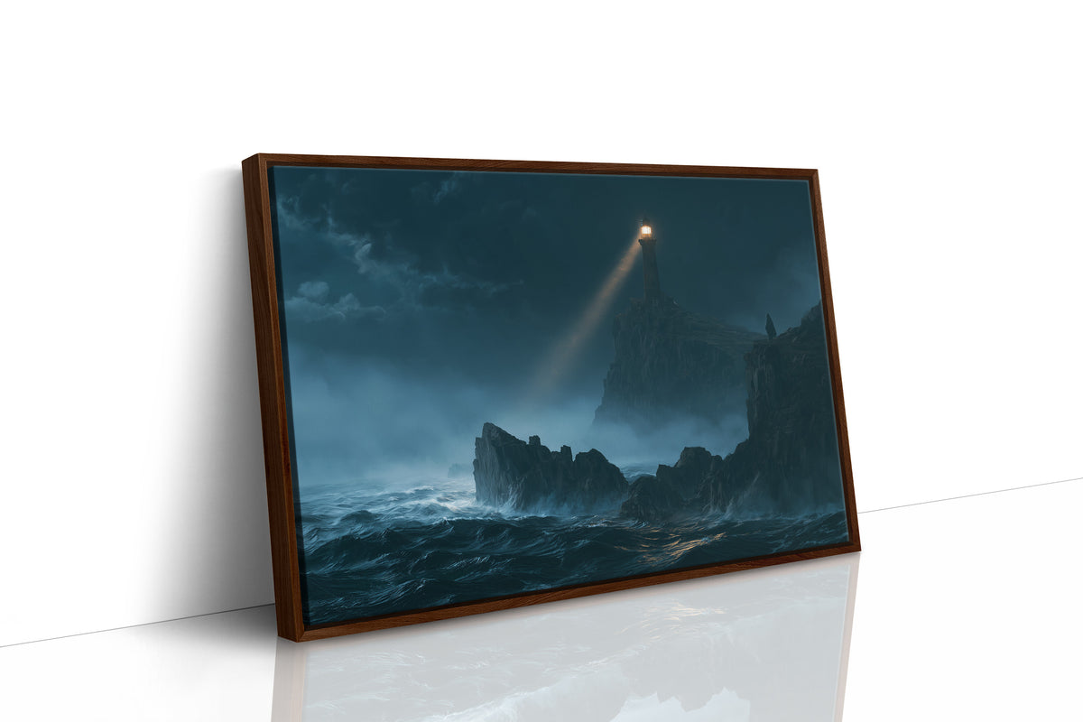 A Beam Across the Breakers, a thin beam of golden light sweeping across a stormy sea onto a jagged shelf of dark rock, waves breaking white below, as a framed canvas in a brown frame