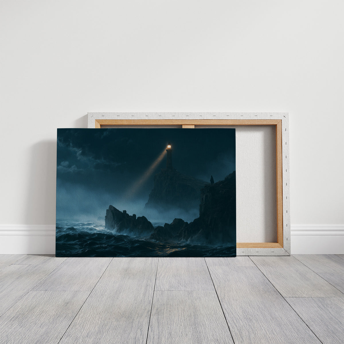 A Beam Across the Breakers, a thin beam of golden light sweeping across a stormy sea onto a jagged shelf of dark rock, waves breaking white below, on a gallery canvas with wrapped edges leaning against a white wall