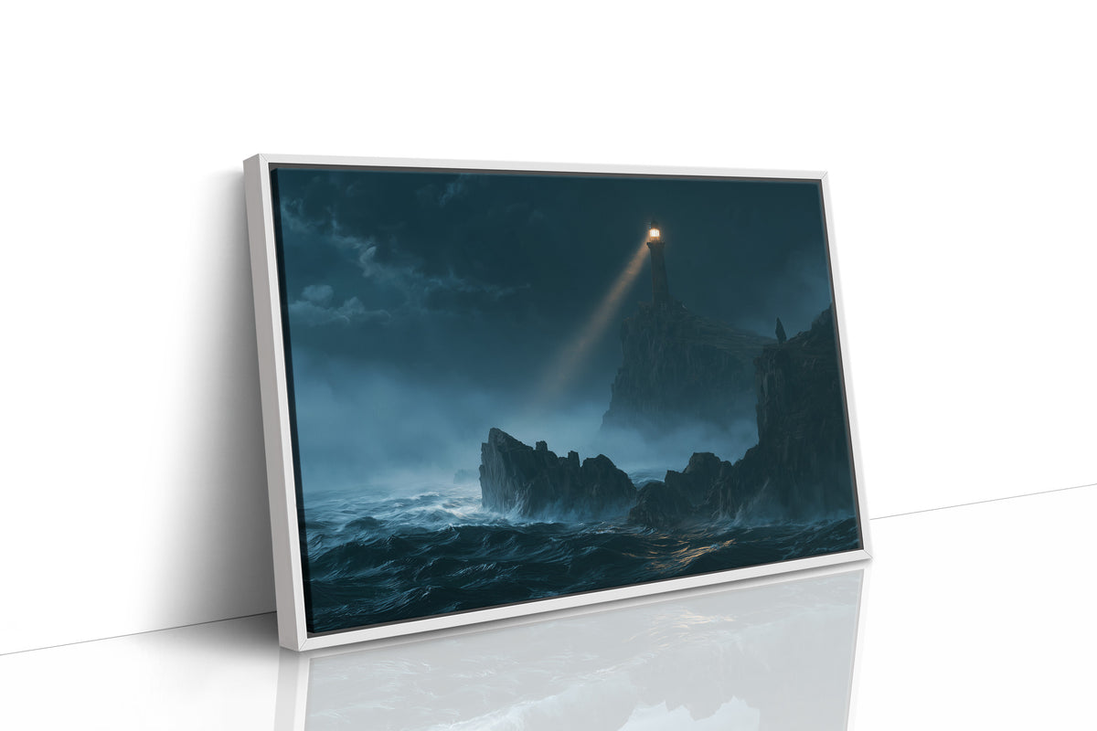 A Beam Across the Breakers, a thin beam of golden light sweeping across a stormy sea onto a jagged shelf of dark rock, waves breaking white below, as a framed canvas in a white frame