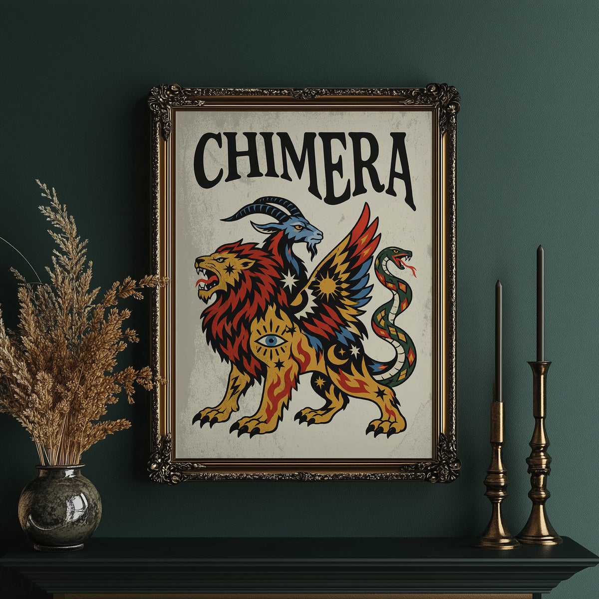 A Beast Made of Borrowed Parts, a chimera with a lion body, a goat head and a serpent tail, in gold, red and cream, drawn in a bold flash sheet style with a black lettered name across the top, in an ornate gold frame on a deep green wall beside tall brass candlesticks