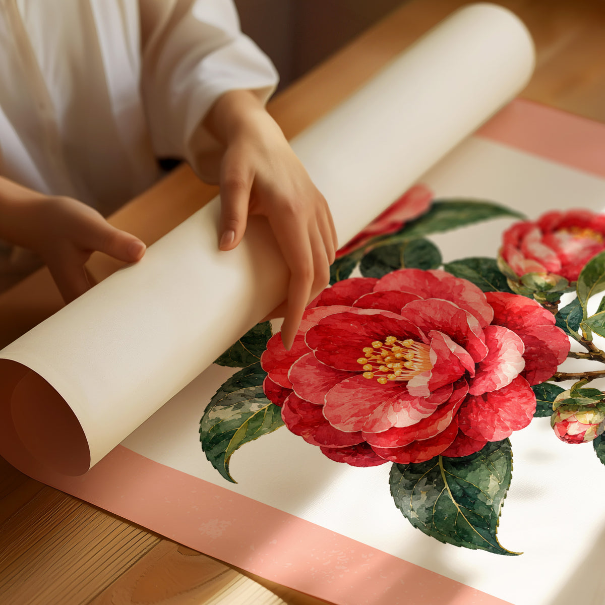 A Camellia Before Noon, a red camellia bloom with green leaves on a blush pink ground, with a rounded cream label and bold pale Japanese lettering, in a flat Japanese travel poster style painted in red, blush pink and cream, as a matte poster, unframed