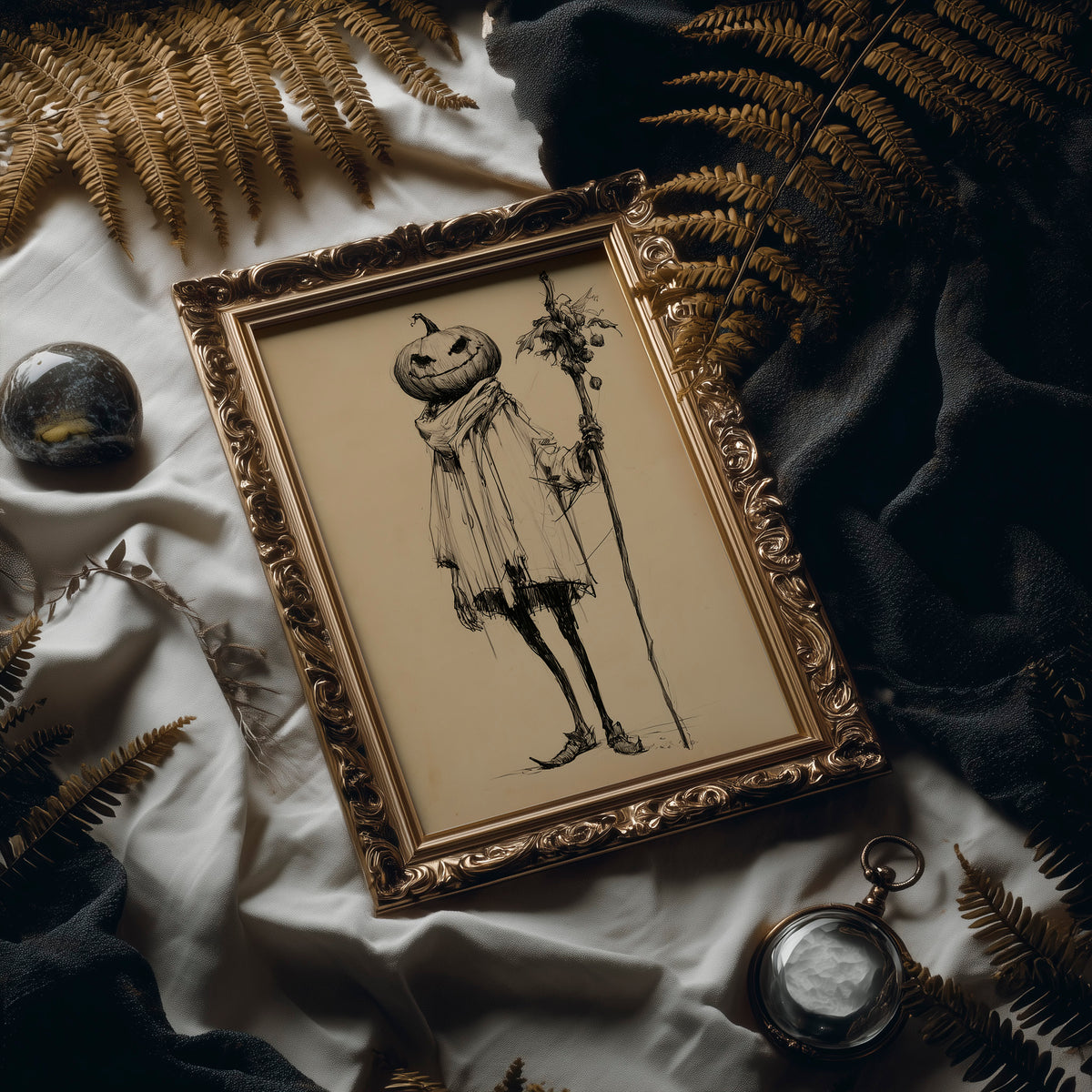 A Gentleman Who Keeps a Calm Head, a tall pumpkin headed figure in a long coat holding a stick of dried flowers, drawn in fine ink lines on a tan paper ground, painted in sepia, charcoal and tan, in an ornate frame on silk cloth beside ferns and a brass compass