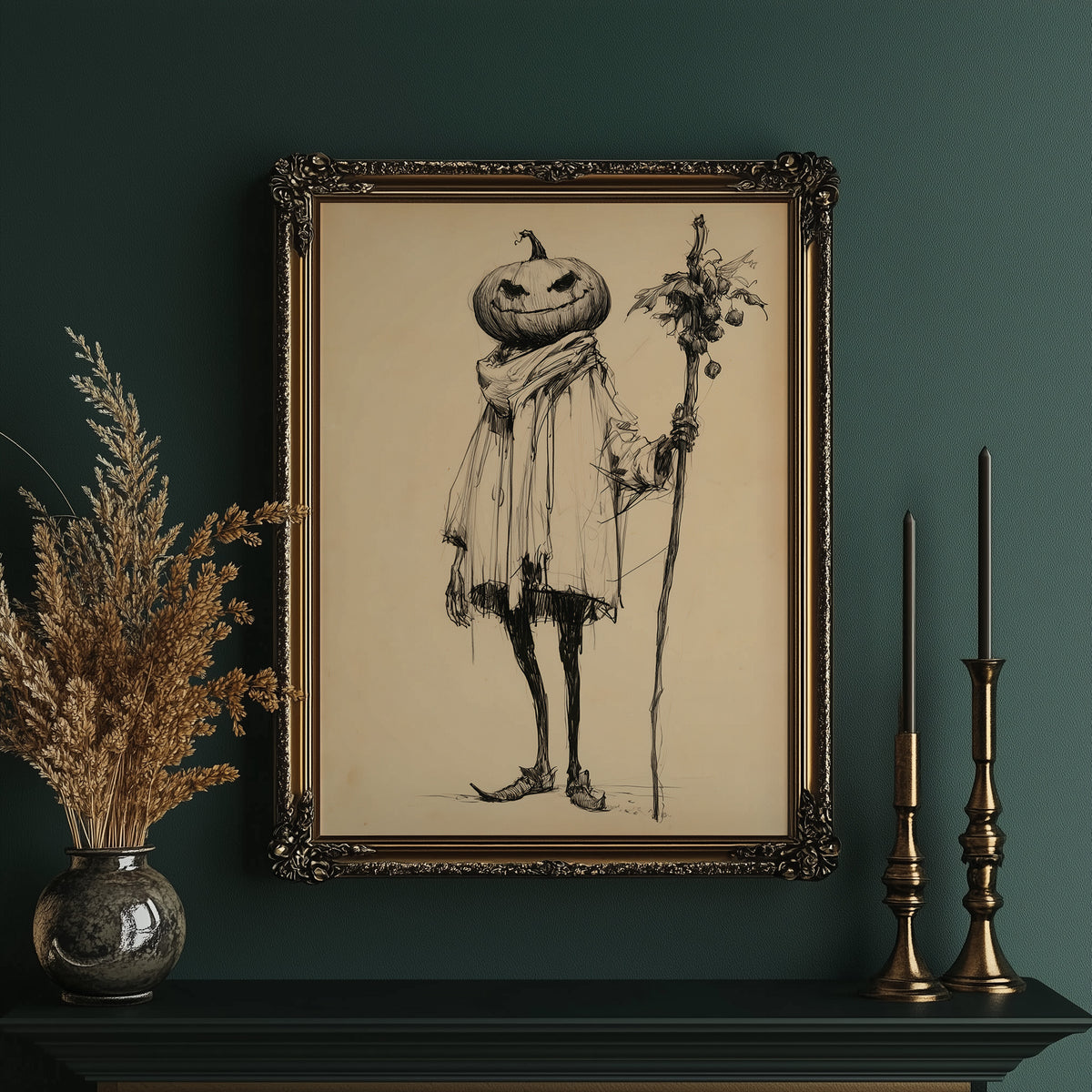 A Gentleman Who Keeps a Calm Head, a tall pumpkin headed figure in a long coat holding a stick of dried flowers, drawn in fine ink lines on a tan paper ground, painted in sepia, charcoal and tan, in an ornate gold frame on a deep green wall beside tall brass candlesticks