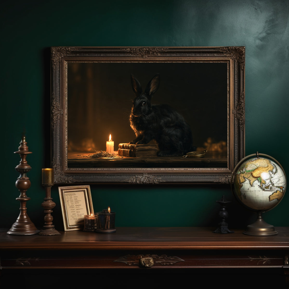 A Hare Keeps Vigil by Candlelight, a dark rabbit seated beside a lit candle in a shadowy still life, warm glow on the fur, deep umber and black palette, in an ornate dark frame on a deep green wall above a mantel with a globe and candles