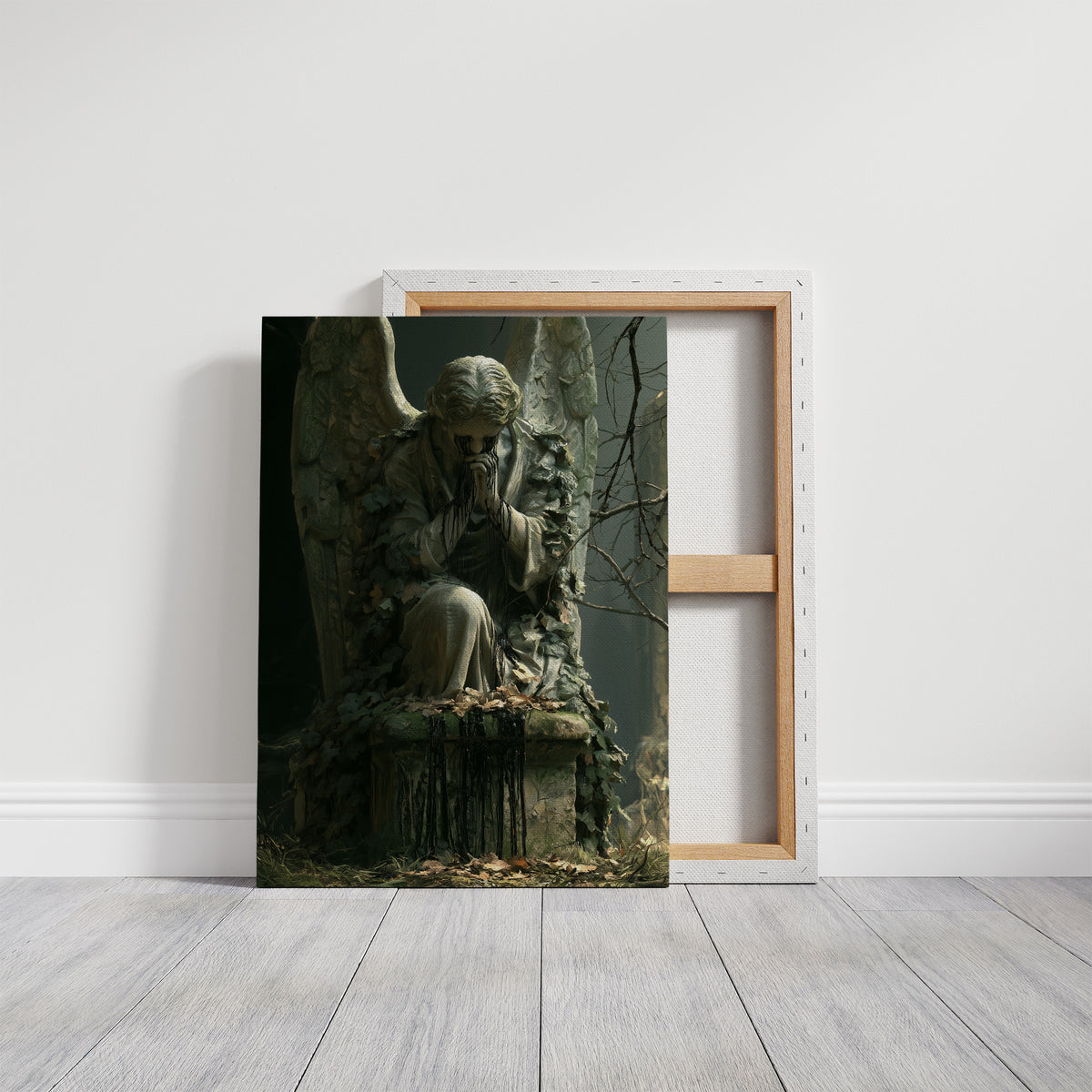 A Patience Carved in Stone, a moss covered stone angel seated on a pedestal, head bowed, painted in deep forest greens and shadowed black, on a gallery canvas with wrapped edges leaning against a white wall