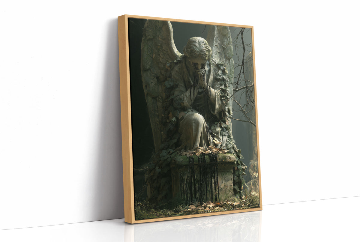 A Patience Carved in Stone, a moss covered stone angel seated on a pedestal, head bowed, painted in deep forest greens and shadowed black, as a framed canvas in a natural wood frame