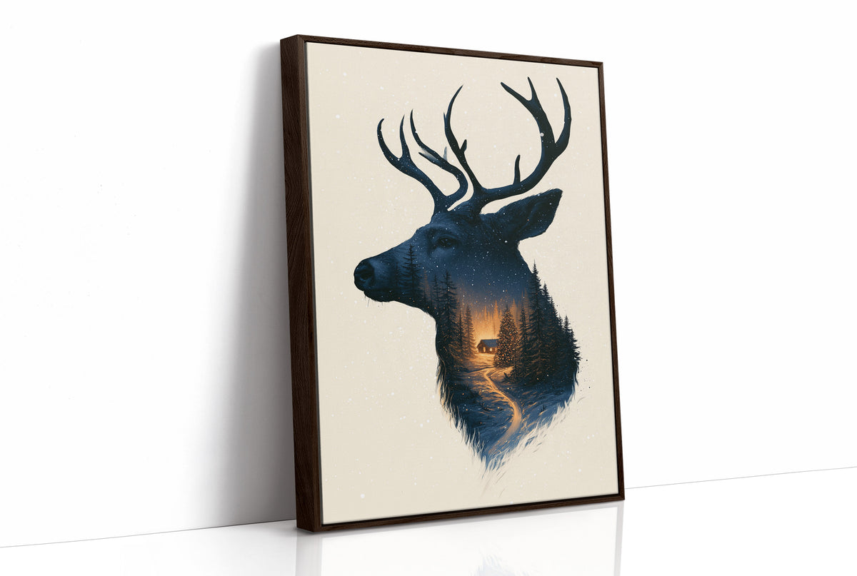 A Quiet Forest Inside the Antlers, a stag head silhouette in deep navy filled with a misty forest and a warm glowing clearing, on a cream ground, as a framed canvas in a brown frame