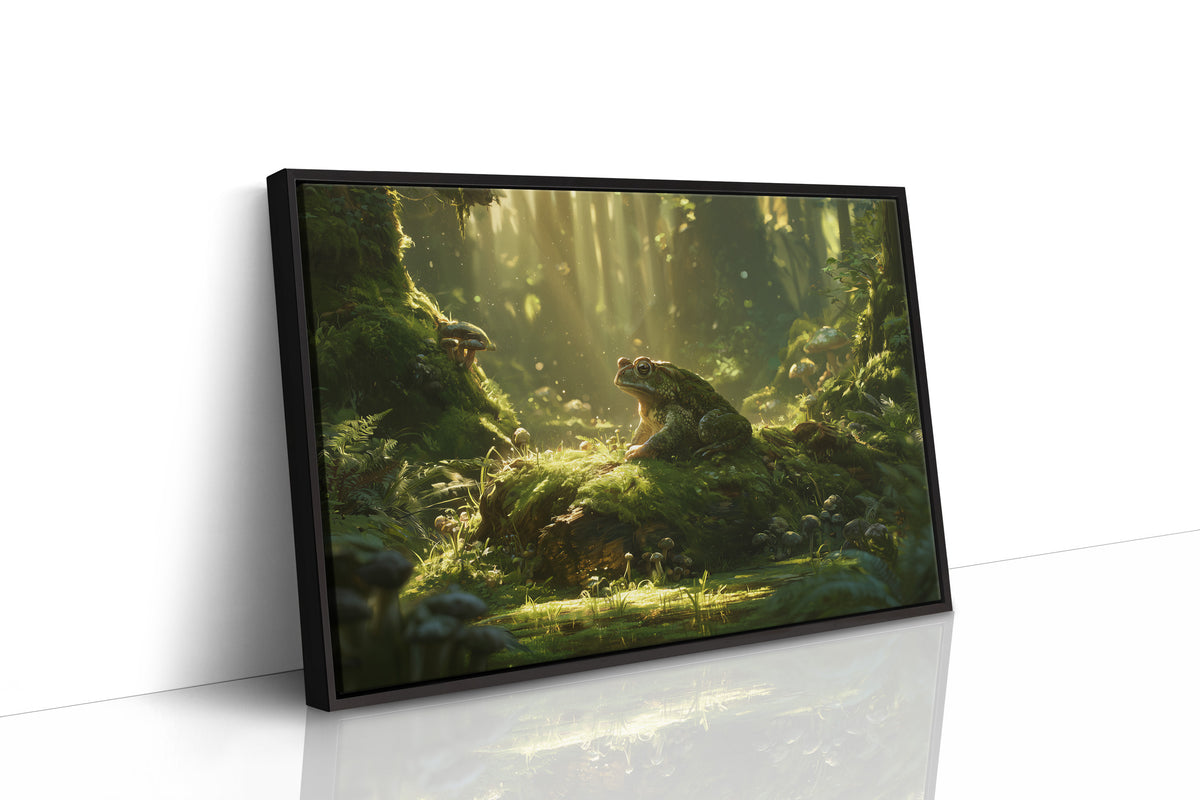 A Quiet Hour in the Hollow, a green frog resting on a moss covered log in a sunlit forest clearing, painted in deep emerald, moss green and golden light, as a framed canvas in a black frame