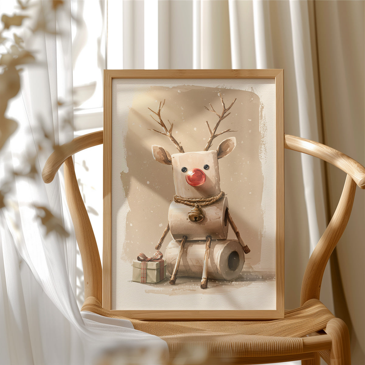 A Reindeer Takes a Seat, a cream reindeer with a red nose and small antlers seated on a stack of rolled tissue, with wrapped gift boxes at its feet, painted in cream, tan and soft red, in a wood frame beside a wicker chair by a sunny window