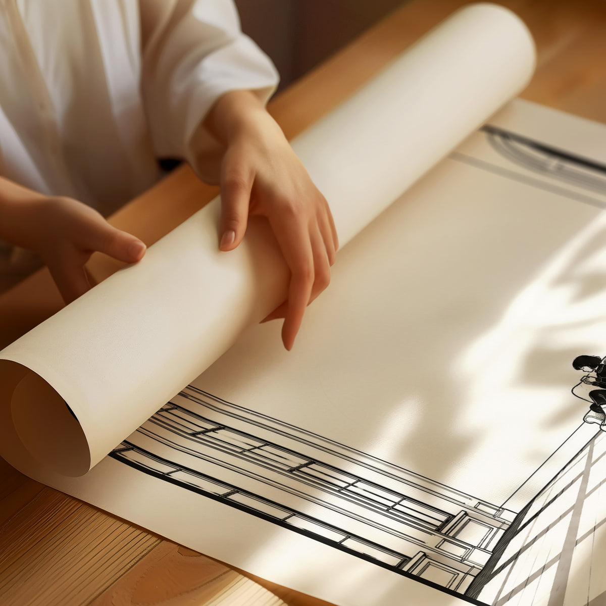 A Room Kept Open for You, a fine black line drawing of a tall empty room with a long floor, a pale window and a small seated figure, with the serif words HOLD SPACE and FOR YOURSELF beneath it on a cream ground, as a matte poster, unframed