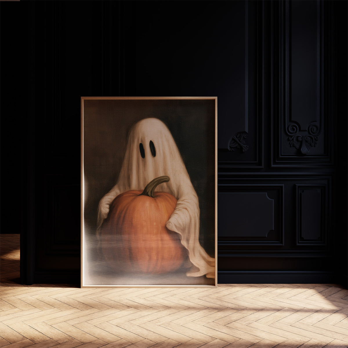 A Sheet Holds the Pumpkin Still, a pale draped figure holding a large orange pumpkin close, in a dark brown painted frame with a warm glow, in a dark frame on a black paneled wall above a sunlit herringbone floor