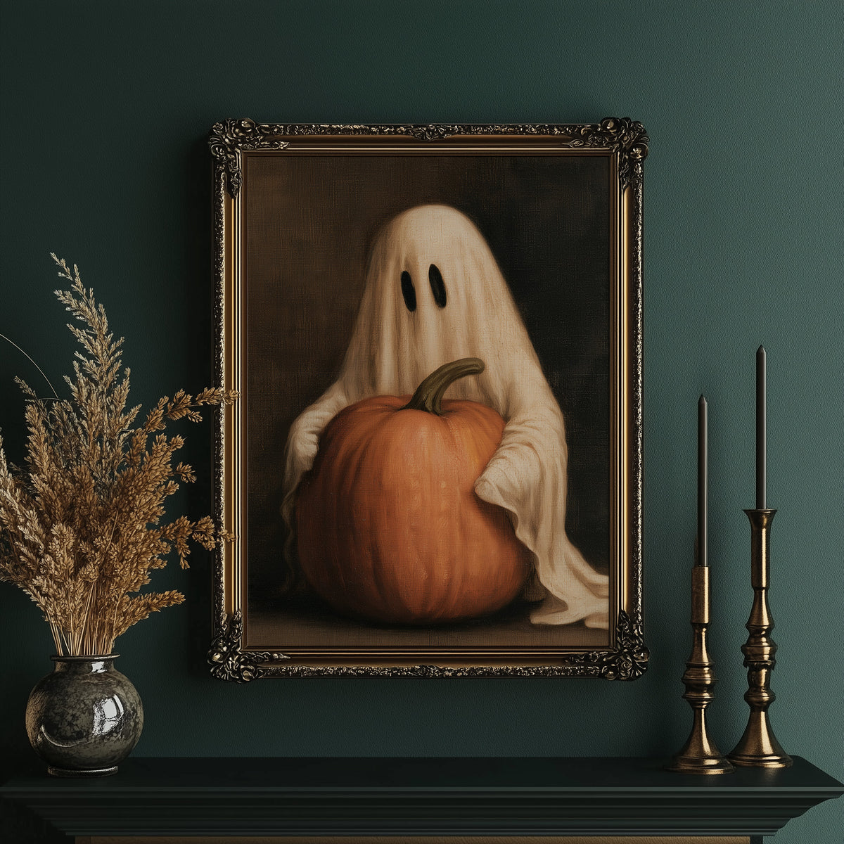 A Sheet Holds the Pumpkin Still, a pale draped figure holding a large orange pumpkin close, in a dark brown painted frame with a warm glow, in an ornate gold frame on a deep green wall beside tall brass candlesticks