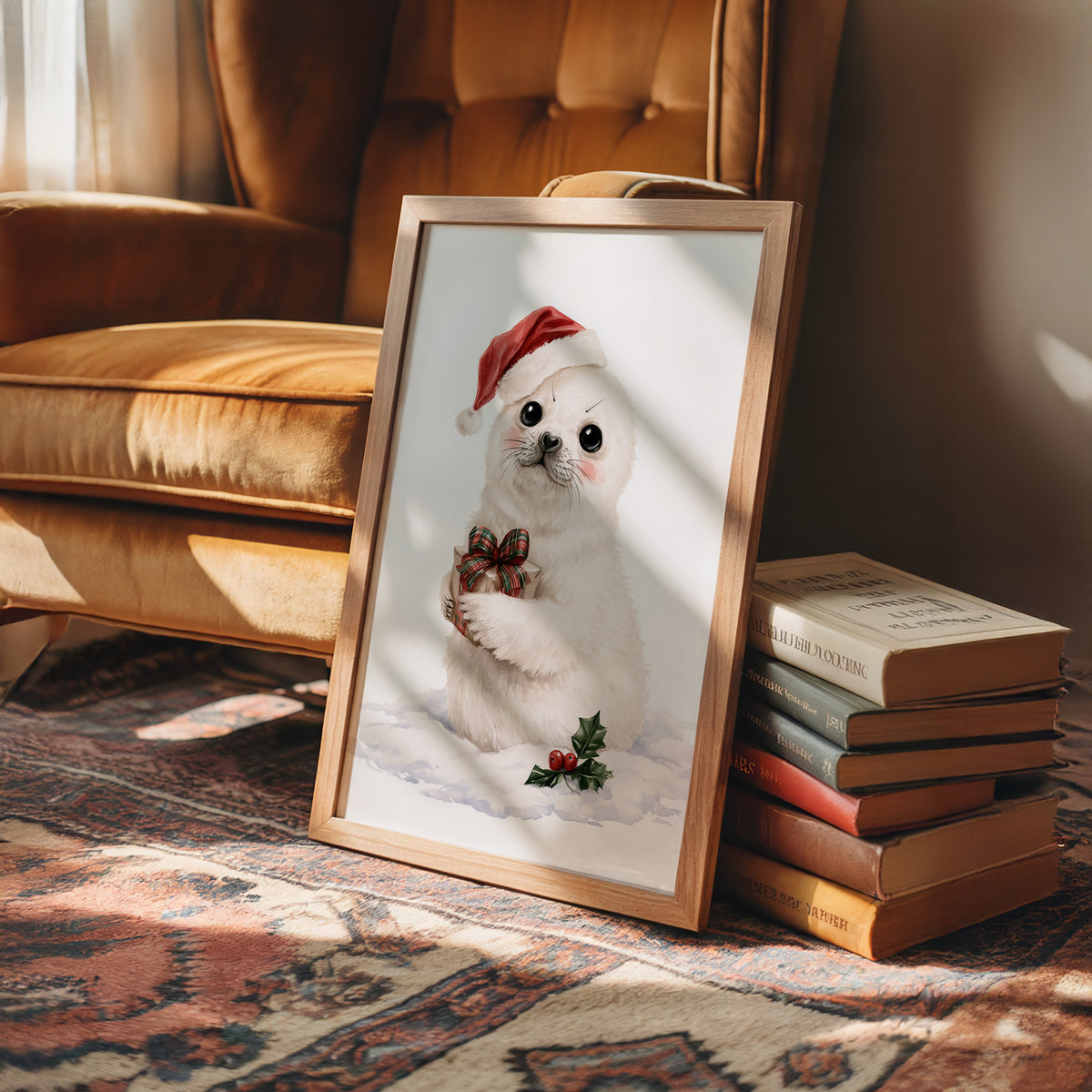 A Snowy Pup Waits for Morning, a white baby seal in a red Santa hat holding a chocolate bow, with a sprig of holly in the snow below, painted in soft cream, red and white, in a wood frame on a rug beside a leather armchair and a stack of books