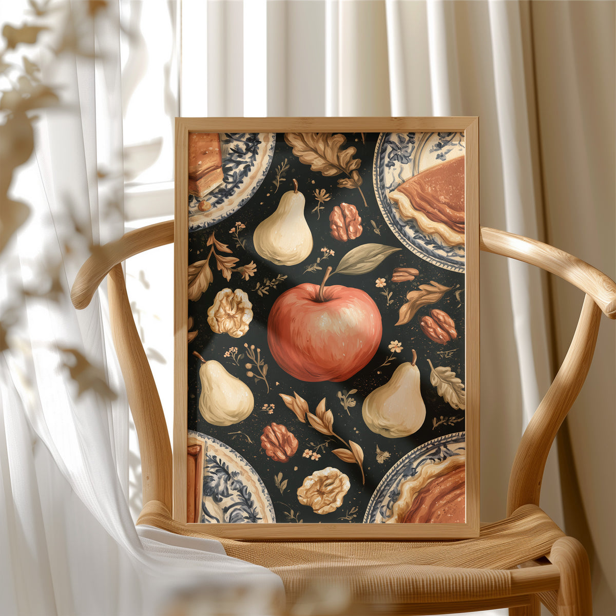 A Table Laid Before Dusk, a dark still life pattern of red apples, pale pears, walnuts and autumn leaves around pie plates, painted in charcoal, cream and rust, in a wood frame beside a wicker chair by a sunny window