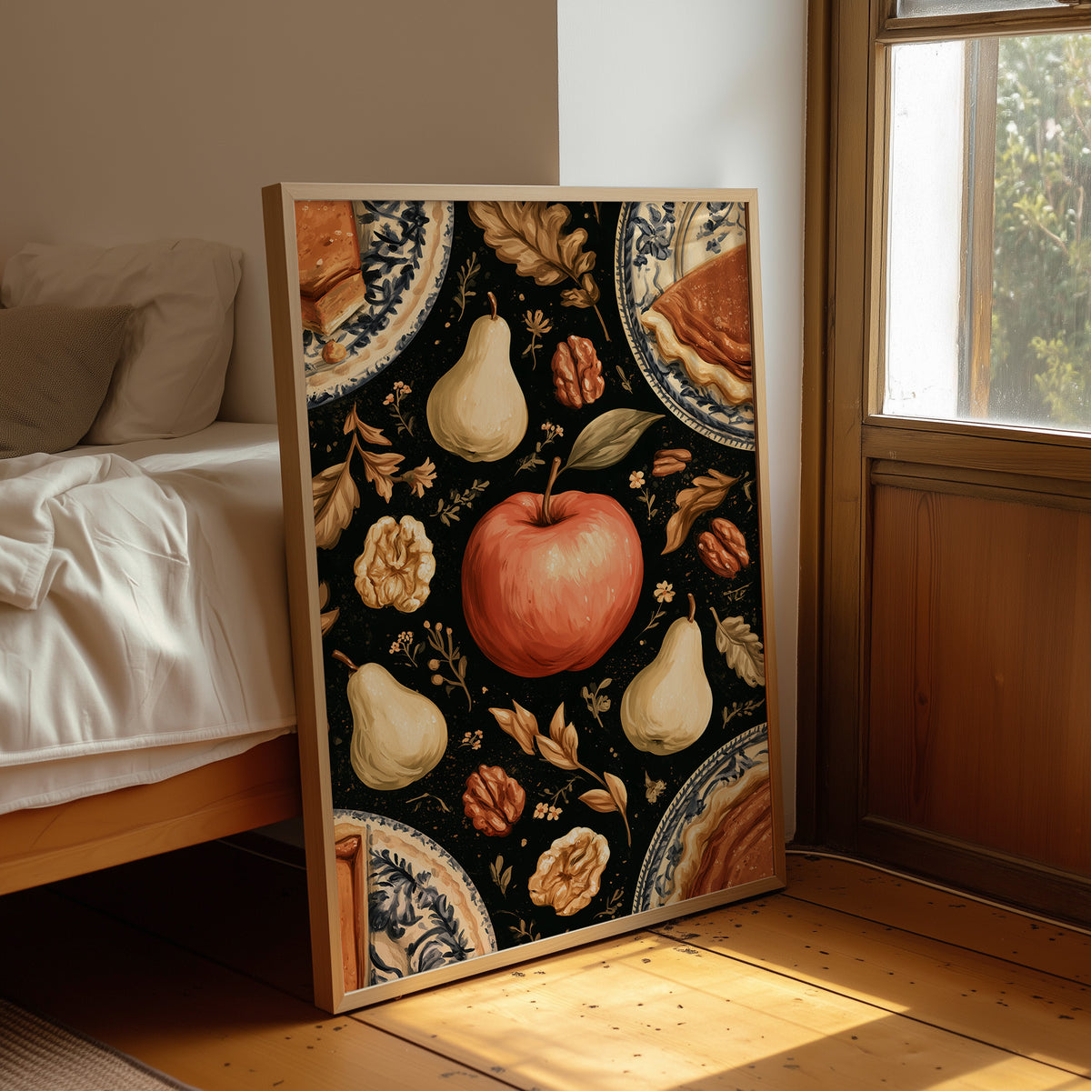 A Table Laid Before Dusk, a dark still life pattern of red apples, pale pears, walnuts and autumn leaves around pie plates, painted in charcoal, cream and rust, leaning on a wood floor in a bedroom beside white linen bedding