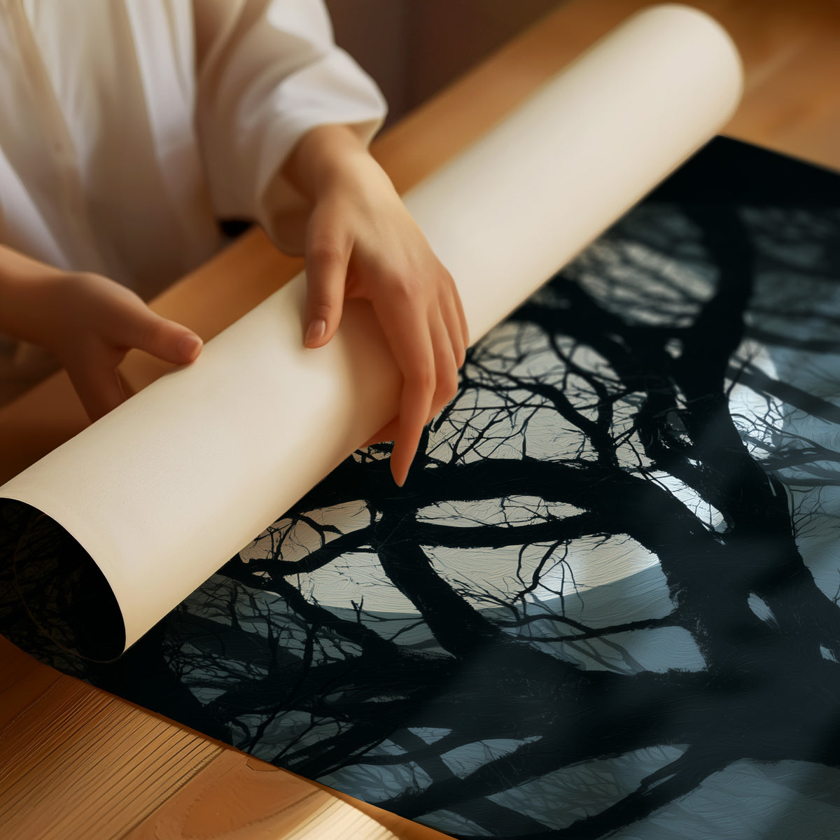 A Wolf Keeps the Moon Company, wolf howling beneath bare trees under a silver night sky painting, as a matte poster, unframed