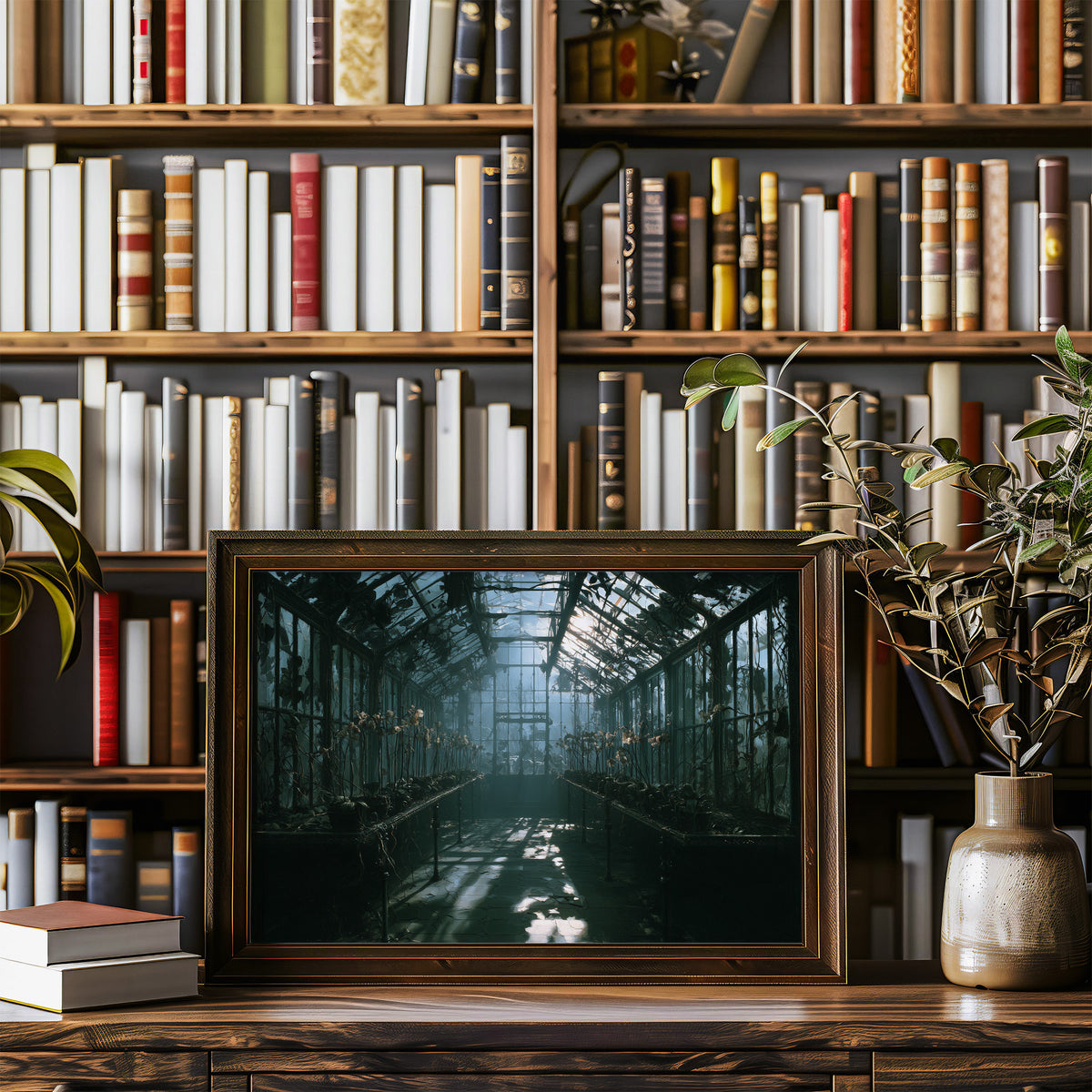 After the Gardeners Left, abandoned glass greenhouse overgrown with vines in teal light painting, in a wood frame on a bookshelf wall beside a vase of olive branches