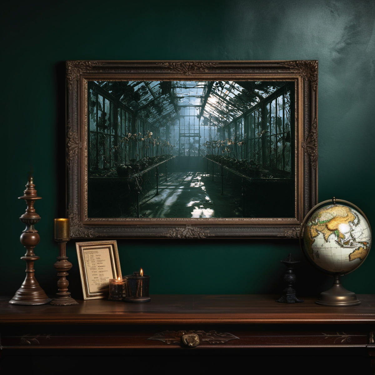 After the Gardeners Left, abandoned glass greenhouse overgrown with vines in teal light painting, in an ornate dark frame on a deep green wall above a mantel with a globe and candles
