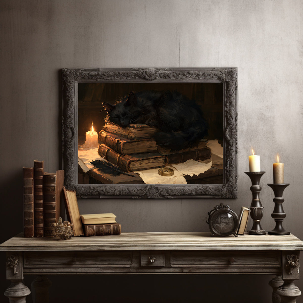 Asleep on the Last Chapter black cat painting in a dark carved frame on a gray wall above a console table with candlesticks and old books