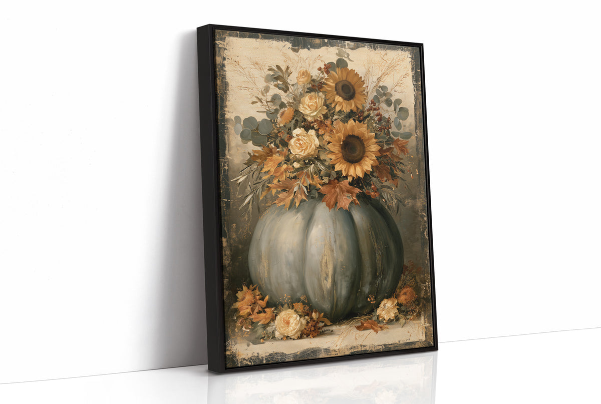 Autumn Bouquet Keeps Its Gold, sunflowers and cream roses crowding a sage green pumpkin on a vintage cream ground, painted in sage, rust and antique cream, as a framed canvas in a black frame