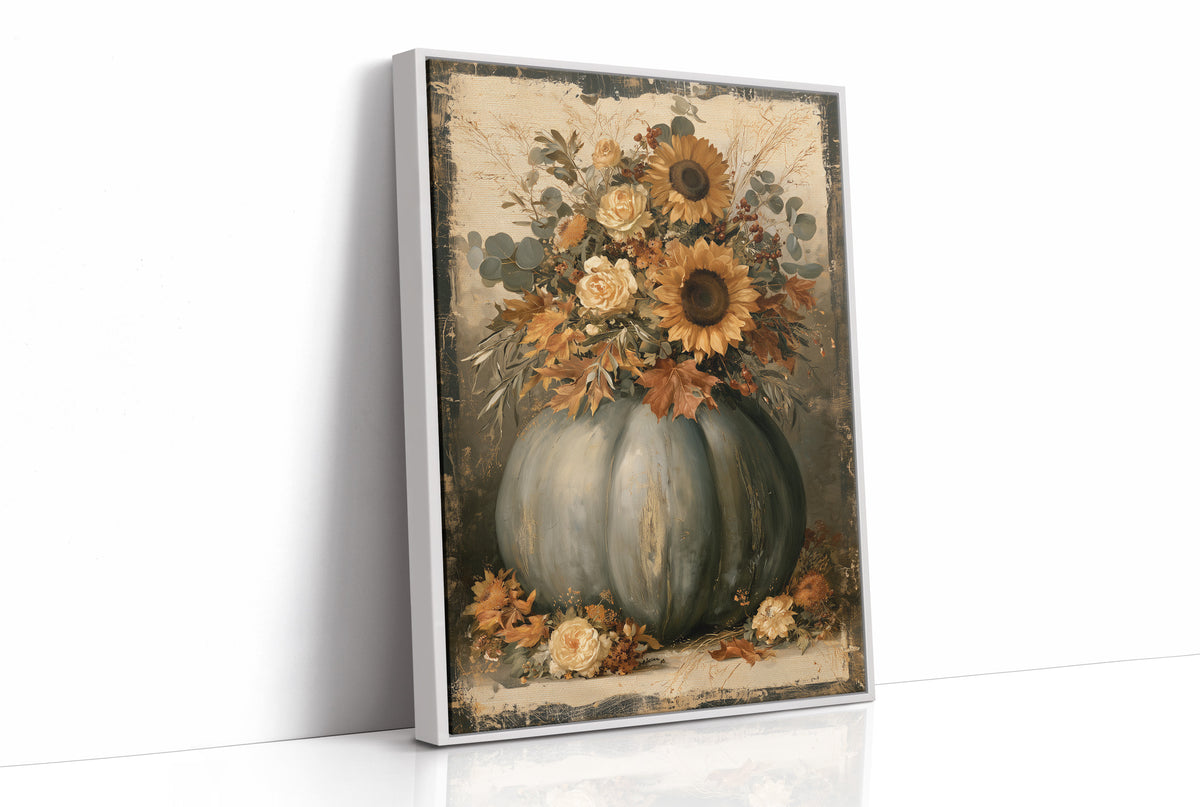 Autumn Bouquet Keeps Its Gold, sunflowers and cream roses crowding a sage green pumpkin on a vintage cream ground, painted in sage, rust and antique cream, as a framed canvas in a white frame