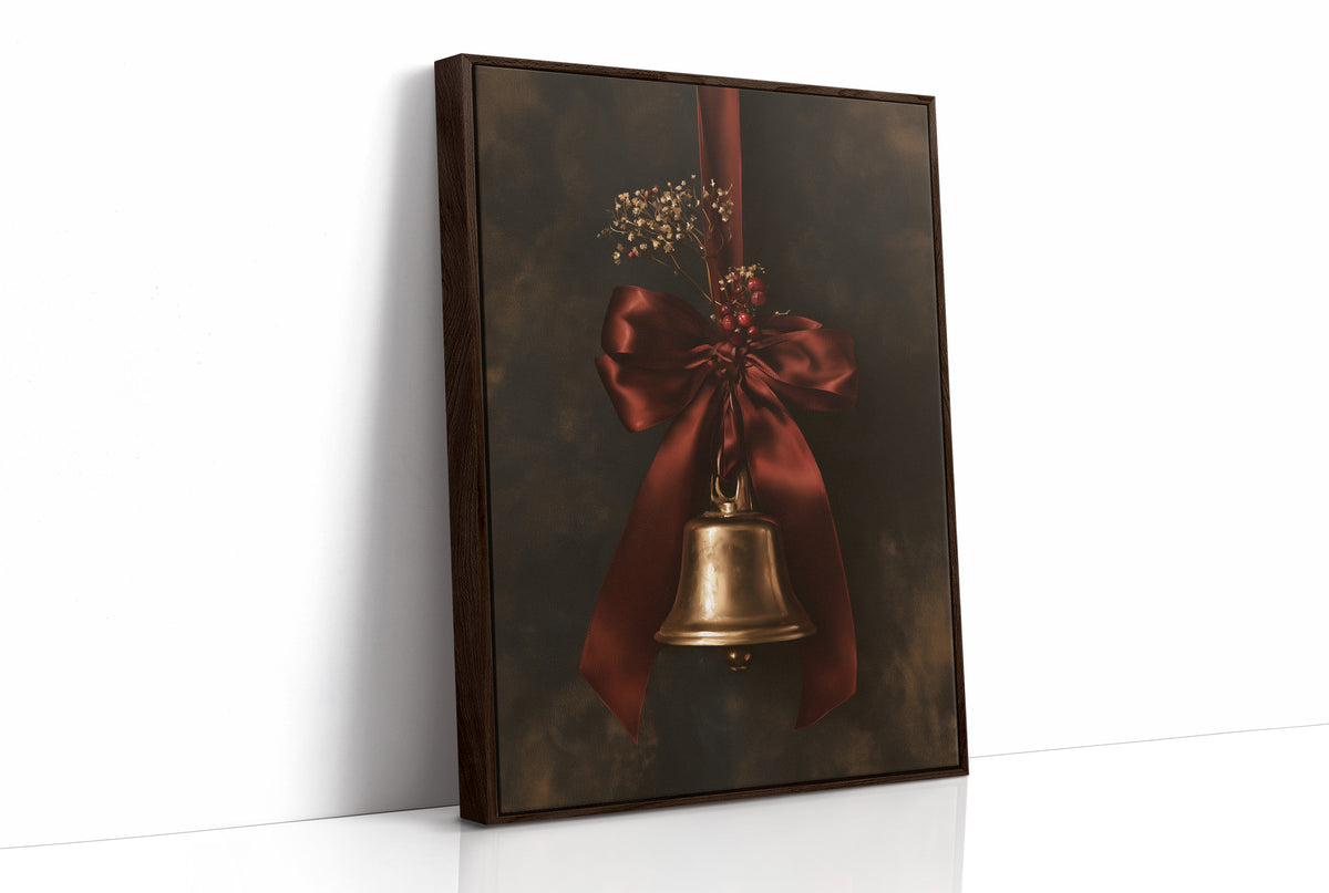 Bell Ringing for the Quiet Hour, a brass bell tied with a burgundy satin ribbon and dried sprigs, on a near black ground, as a framed canvas in a brown frame