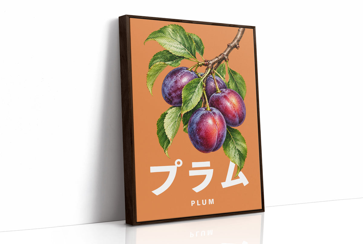Branch Heavy with Plums, a branch of purple plums with green leaves on a burnt orange ground, with a tall block of Japanese katakana and the English word PLUM set small in cream beneath, as a framed canvas in a brown frame