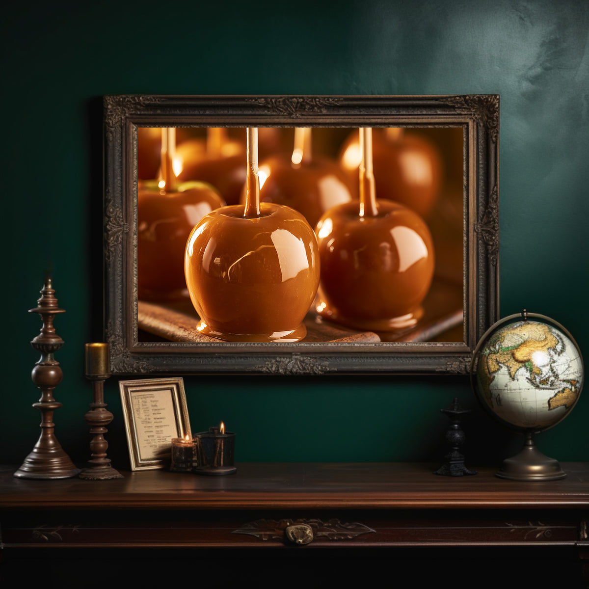 Caramel Glow at Dusk, three glossy caramel glazed apples on sticks in warm candlelight, painted in amber, burnt sugar and deep brown, in an ornate dark frame on a deep green wall above a mantel with a globe and candles