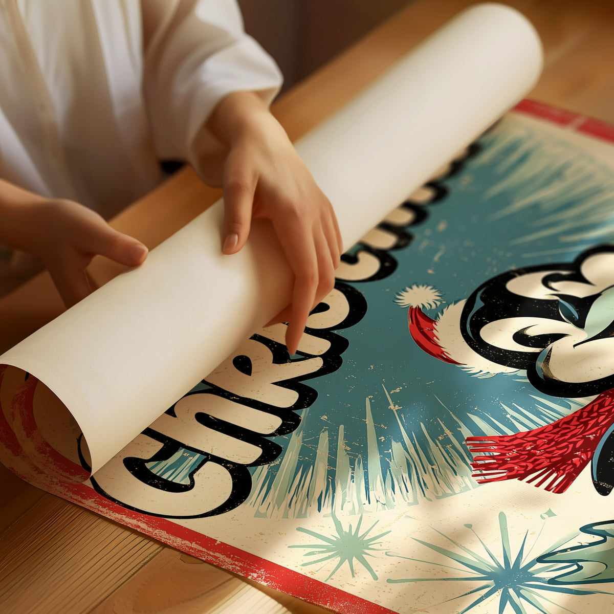 Chill Out, Cold Is Cozy, a vintage style penguin in a red scarf and a Santa hat sitting on a snowy patch, with a retro sign line of bold lettering above him, in red, cream and soft teal, as a matte poster, unframed