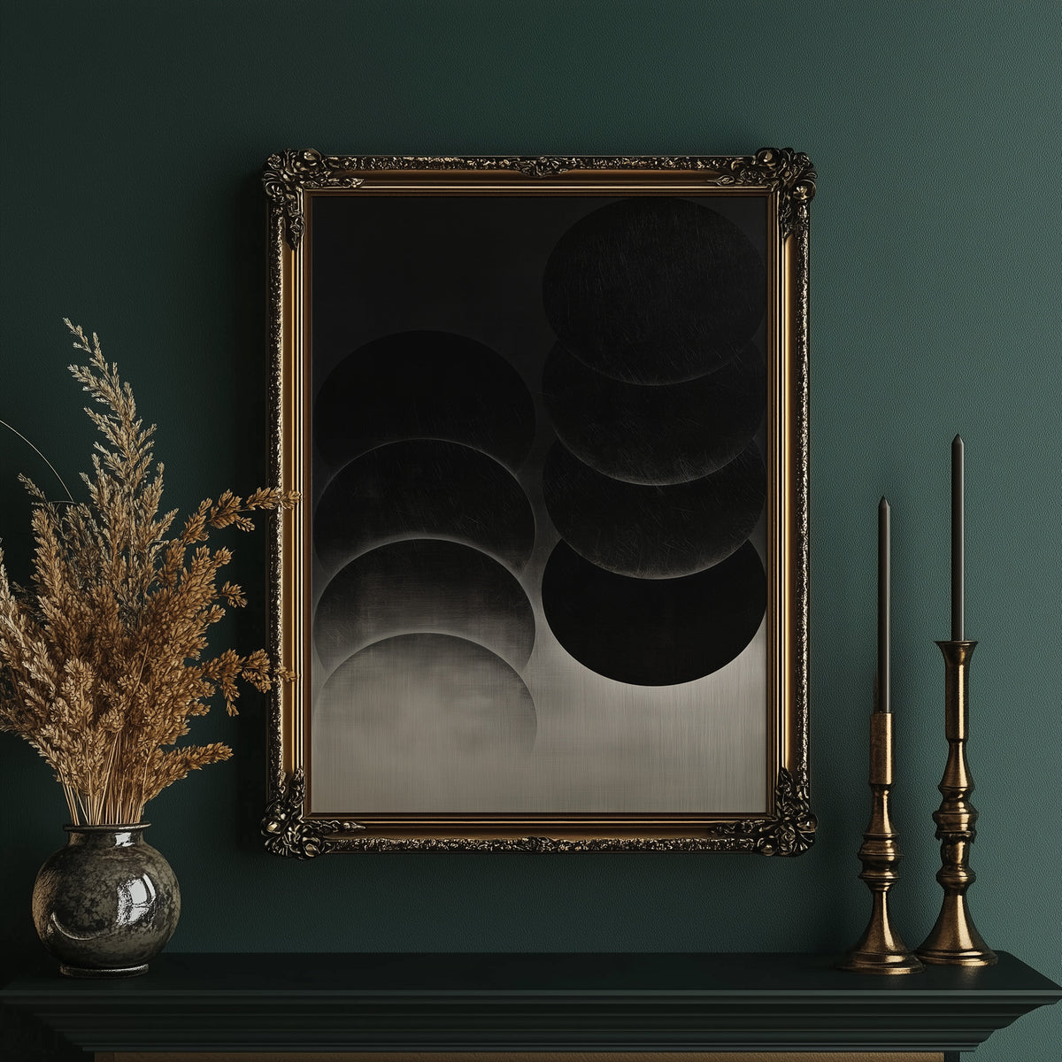 Circles Stacked in Graphite Silence, overlapping dark circles stacked in layers, black at the top fading to a pale graphite gradient at the bottom, minimal monochrome painting, in an ornate gold frame on a deep green wall beside brass candlesticks