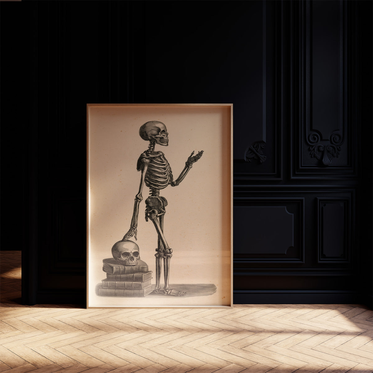 Class Is Still in Session, vintage engraving style skeleton lecturing atop a stack of books and a skull on sepia paper, on a black paneled wall with sunlit herringbone floor