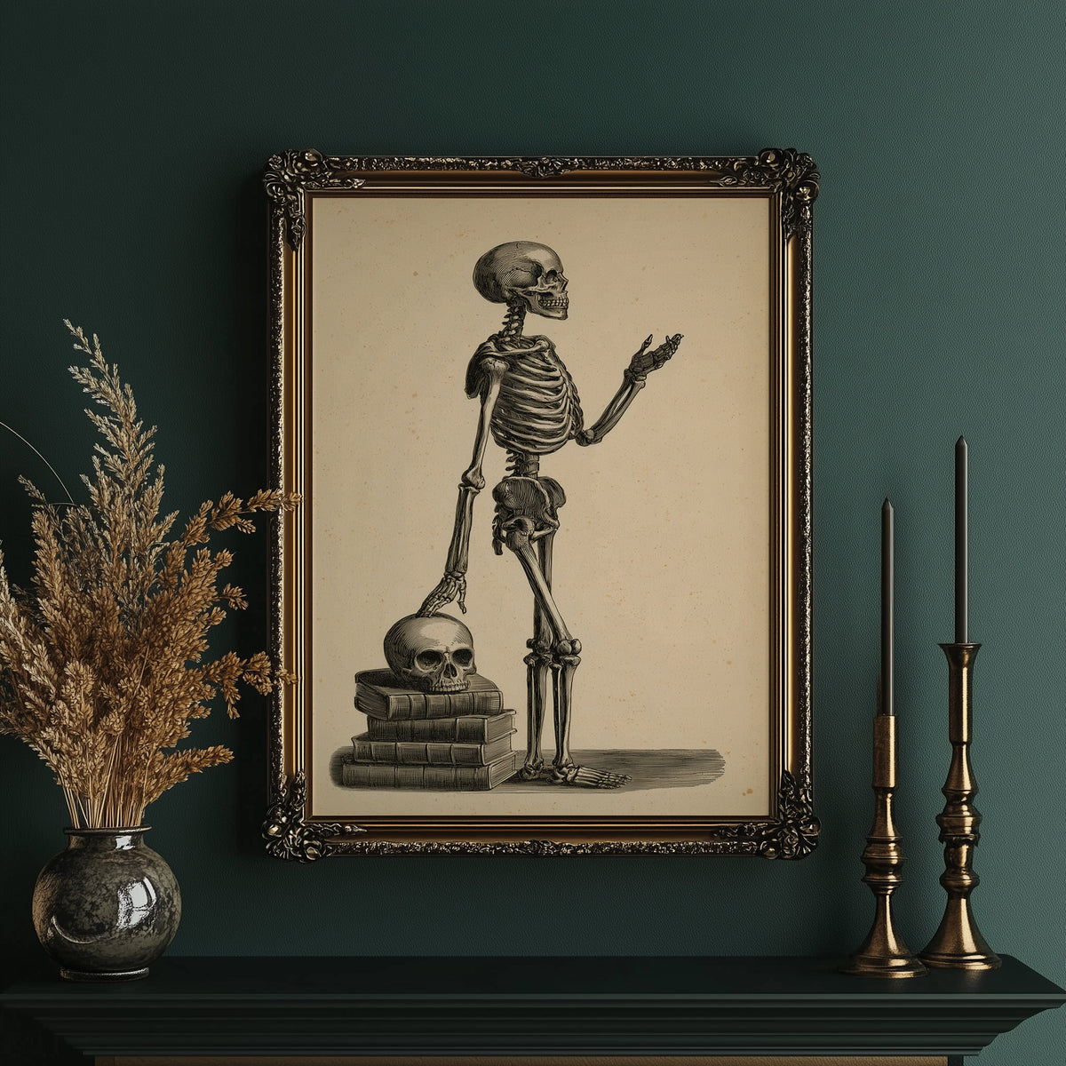 Class Is Still in Session, vintage engraving style skeleton lecturing atop a stack of books and a skull on sepia paper, in an ornate gold frame on a deep green wall beside brass candlesticks