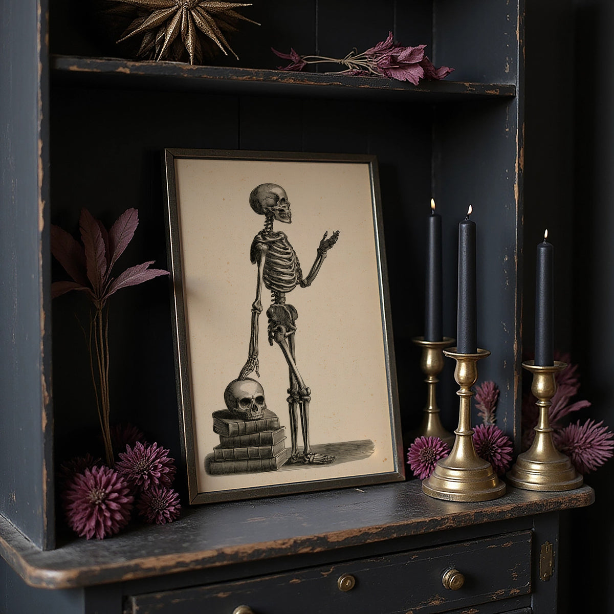 Class Is Still in Session, vintage engraving style skeleton lecturing atop a stack of books and a skull on sepia paper, on a dark wooden cabinet shelf with candles and dried flowers