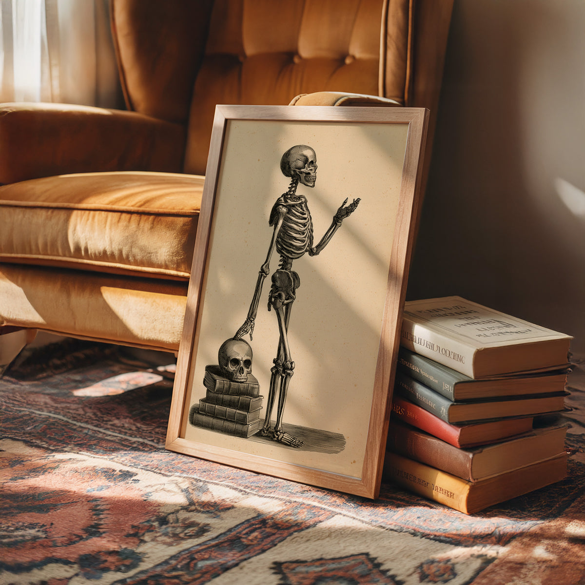 Class Is Still in Session, vintage engraving style skeleton lecturing atop a stack of books and a skull on sepia paper, in a wood frame beside a leather armchair and a stack of books