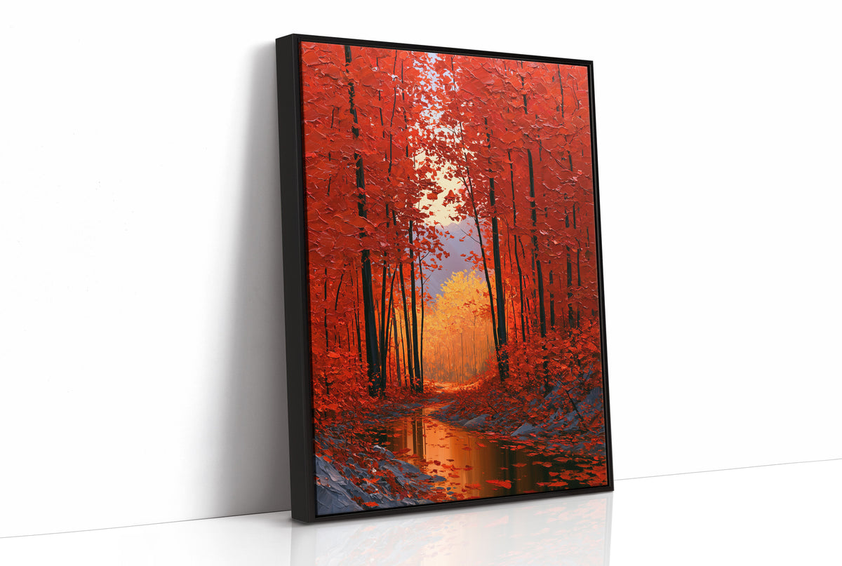 Crimson Hours Under the Canopy, a red autumn forest of tall dark trunks under crimson leaves, a pale sun glowing through the canopy above a stream of amber light, painted in ember red, deep umber and amber, as a framed canvas in a black frame