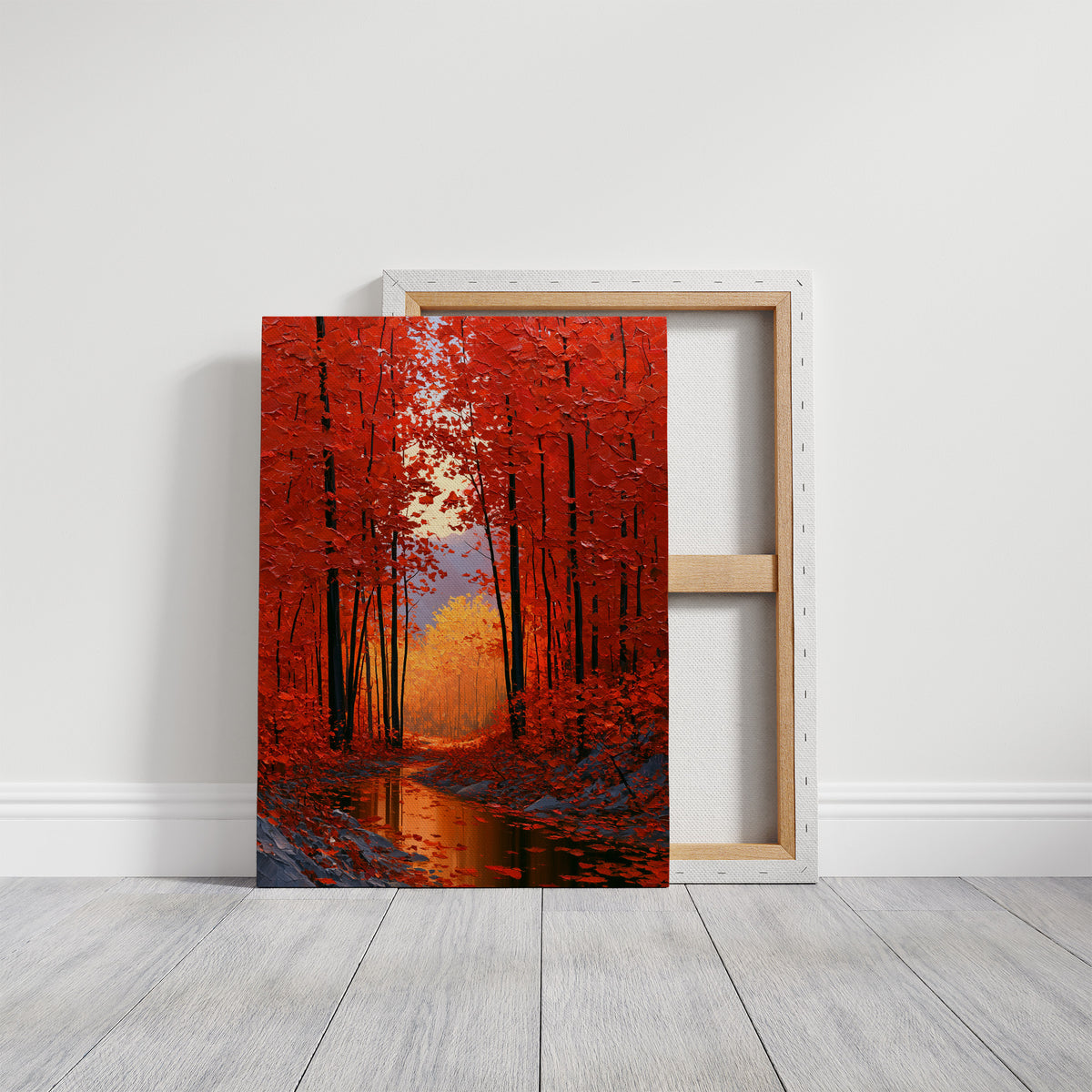 Crimson Hours Under the Canopy, a red autumn forest of tall dark trunks under crimson leaves, a pale sun glowing through the canopy above a stream of amber light, painted in ember red, deep umber and amber, on a gallery canvas with wrapped edges leaning against a white wall