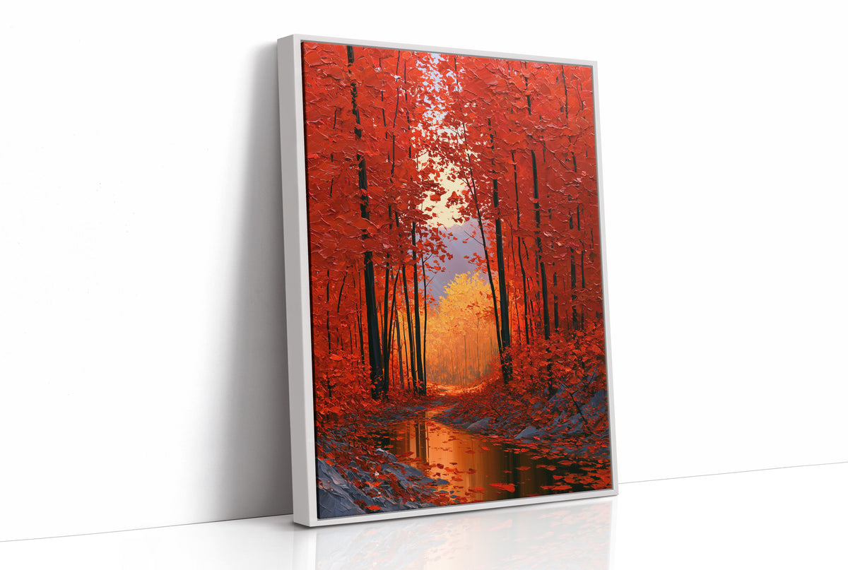 Crimson Hours Under the Canopy, a red autumn forest of tall dark trunks under crimson leaves, a pale sun glowing through the canopy above a stream of amber light, painted in ember red, deep umber and amber, as a framed canvas in a white frame