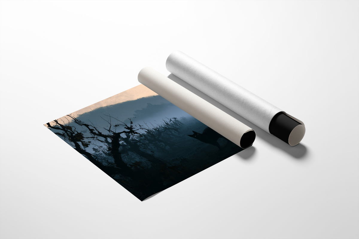 Dusk Keeps the Hollow Quiet, a black cat silhouette standing in misty hills under gnarled trees, peach sky band at dusk, blue and charcoal palette, as a matte poster, unframed