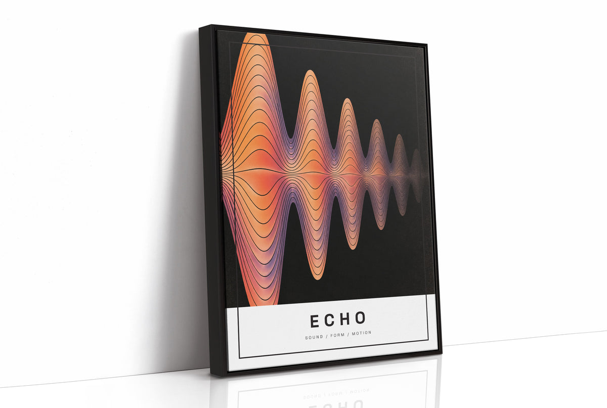 Echoes Still Moving Through the Dark, an orange and rose sound wave of thin contour lines rippling out from the center of a black field, with the word ECHO in spaced black capitals on a cream label at the base, as a framed canvas in a black frame