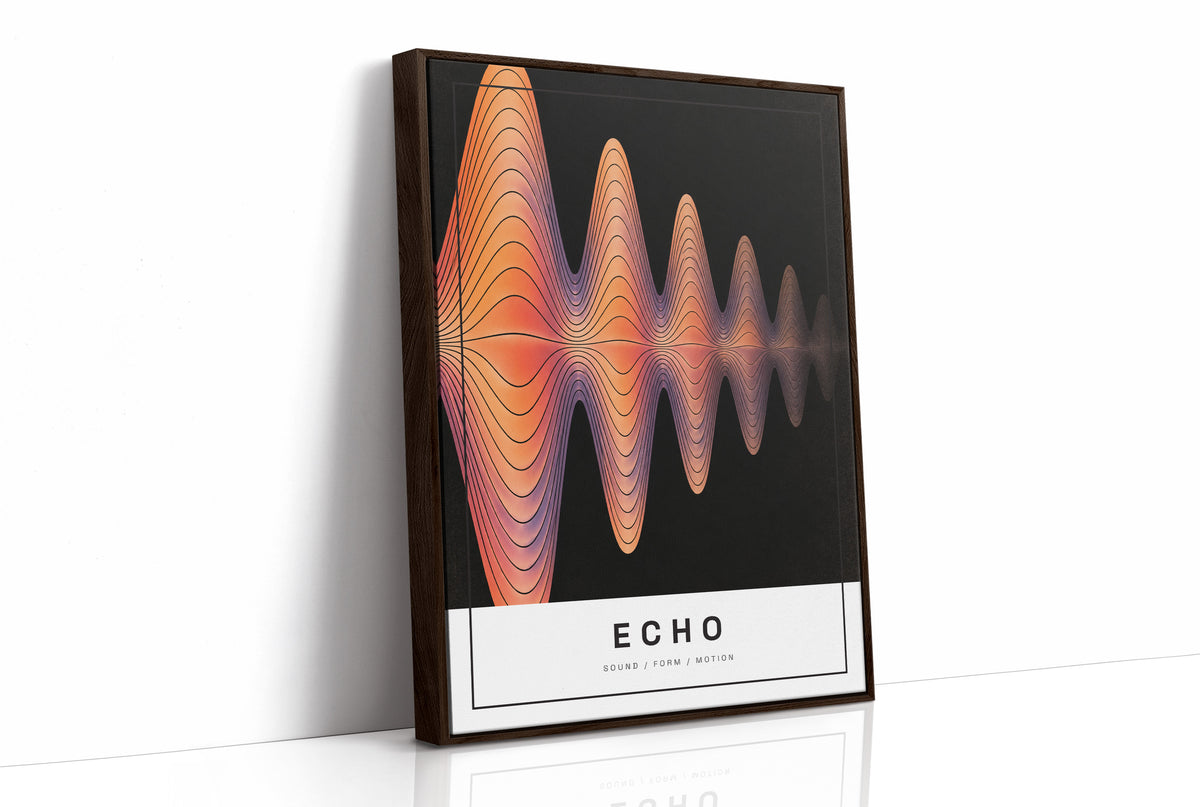 Echoes Still Moving Through the Dark, an orange and rose sound wave of thin contour lines rippling out from the center of a black field, with the word ECHO in spaced black capitals on a cream label at the base, as a framed canvas in a brown frame