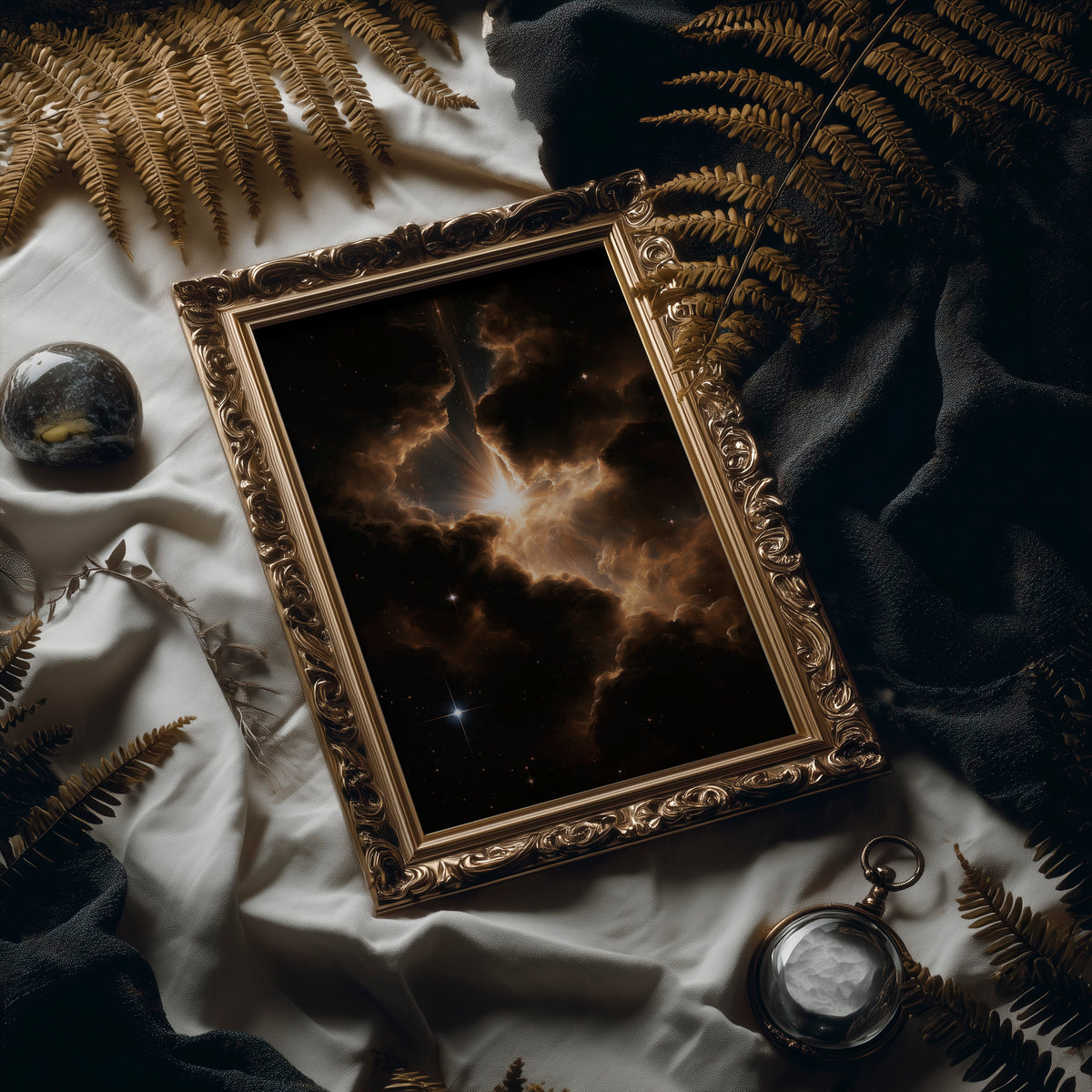 Embers Among the Cosmos, a nebula of gold and rust clouds glowing against a black sky dusted with small stars, painted in ember gold, umber and deep black, in an antique gold frame laid on white linen with ferns and a pocket watch