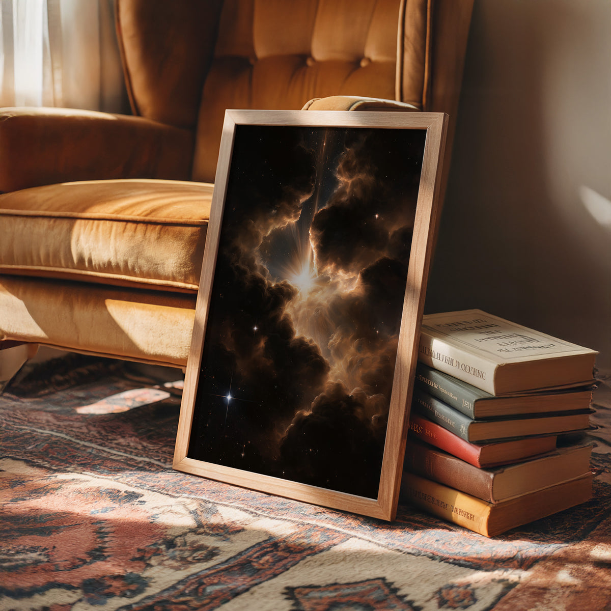 Embers Among the Cosmos, a nebula of gold and rust clouds glowing against a black sky dusted with small stars, painted in ember gold, umber and deep black, in a wood frame beside a leather armchair and a stack of books