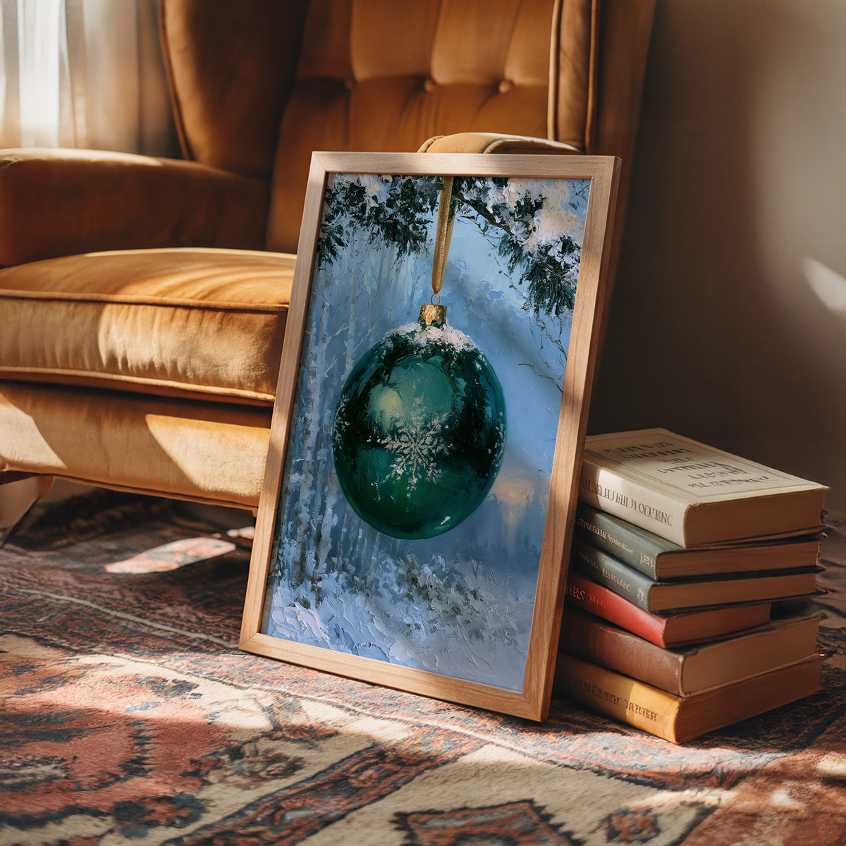 Emerald Light in the Snowlit Wood, a deep emerald glass bauble with a white snowflake on its face hangs from a gold cord in a snowy forest, with pale blue light and frosted pines behind, in a wood frame on a rug beside a leather armchair and a stack of books
